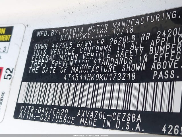 4T1B11HK0KU173218 Toyota CAMRY SE
