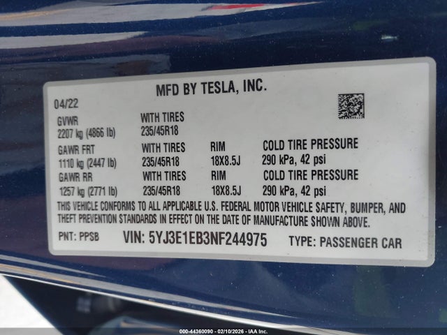 2022 TESLA MODEL 3 5YJ3E1EB3NF244975 Photo 8