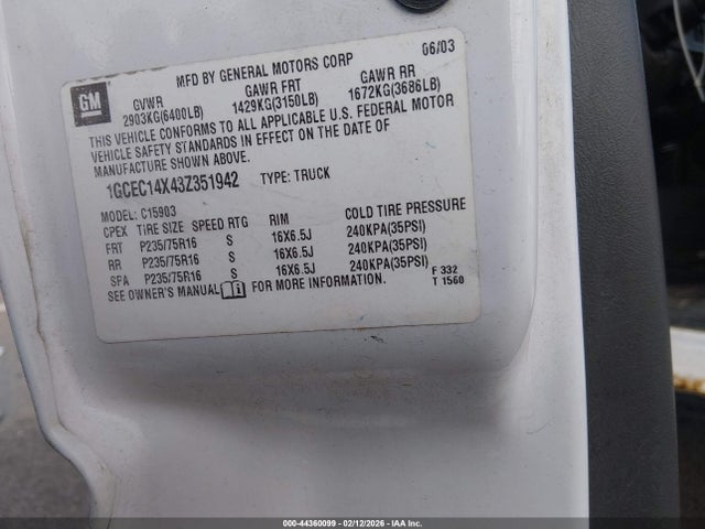 44360099 :رقم المزاد ، 1GCEC14X43Z351942 vin ، 2003 Chevrolet Silverado 1500 Work Truck مزاد بيع