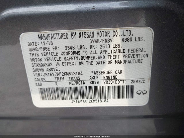 Продажа на аукционе авто 2019 Infiniti Q50 3.0t Luxe, vin: JN1EV7AP2KM518184, номер лота: 44360134