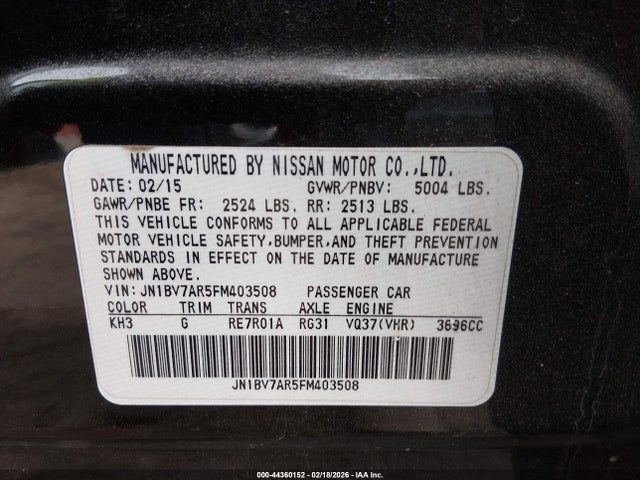 44360152 :رقم المزاد ، JN1BV7AR5FM403508 vin ، 2015 Infiniti Q50 Premium مزاد بيع