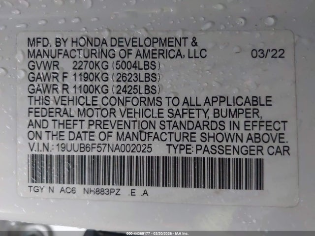 Продаж на аукціоні авто 2022 Acura Tlx A-spec Package, vin: 19UUB6F57NA002025, номер лоту: 44360177