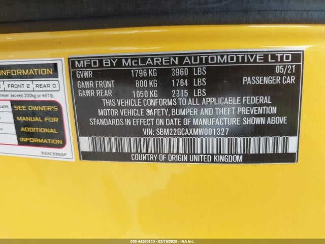 2021 Mclaren Gt Coupe მანქანა იყიდება აუქციონზე, vin: SBM22GCAXMW001327, აუქციონის ნომერი: 44360190