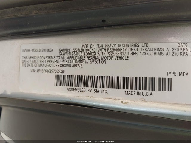 Aukcja sprzedaży 2007 Subaru Outback 2.5i, vin: 4S4BP61C277305836, numer aukcji: 44360209