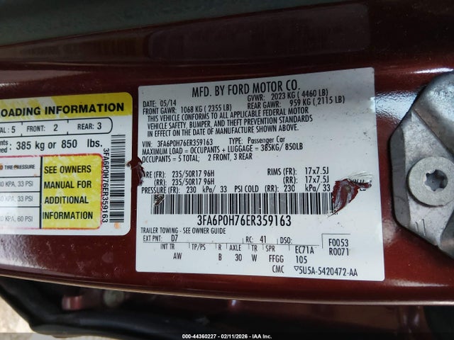 Aukcja sprzedaży 2014 Ford Fusion Se, vin: 3FA6P0H76ER359163, numer aukcji: 44360227