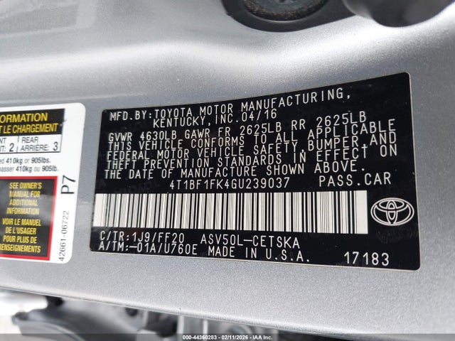 Toyota CAMRY SE 2016 4T1BF1FK4GU239037 Image 9