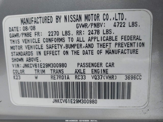 2009 Infiniti G37 Journey მანქანა იყიდება აუქციონზე, vin: JNKCV61E29M300980, აუქციონის ნომერი: 44360328