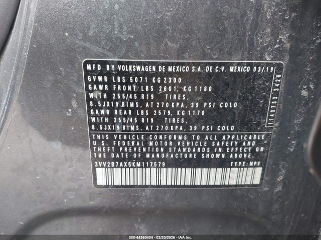 44360404 :رقم المزاد ، 3VV2B7AX5KM117579 vin ، 2019 Volkswagen Tiguan مزاد بيع