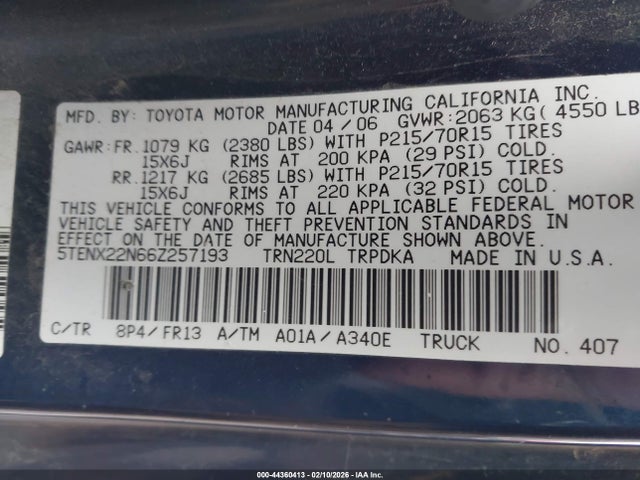 2006 Toyota Tacoma მანქანა იყიდება აუქციონზე, vin: 5TENX22N66Z257193, აუქციონის ნომერი: 44360413