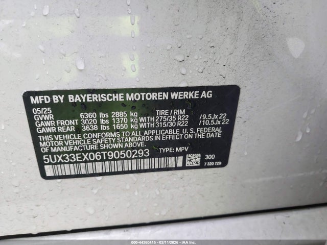 2026 Bmw X6 Xdrive40i მანქანა იყიდება აუქციონზე, vin: 5UX33EX06T9050293, აუქციონის ნომერი: 44360415