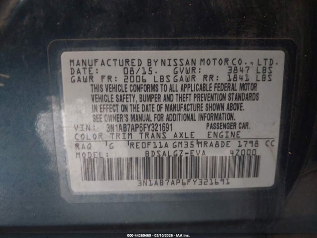 3N1AB7AP6FY321691 Nissan SENTRA SL