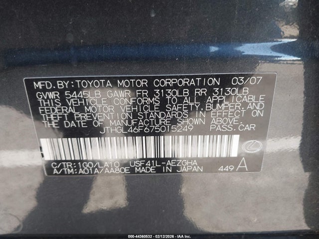 44360532 :رقم المزاد ، JTHGL46F675015249 vin ، 2007 Lexus Ls 460 L مزاد بيع