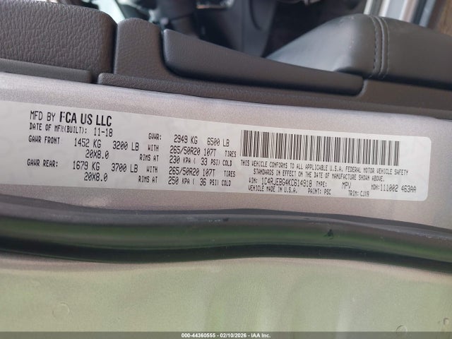 Aukcja sprzedaży 2019 Jeep Grand Cherokee Limited 4x2, vin: 1C4RJEBG4KC614918, numer aukcji: 44360555