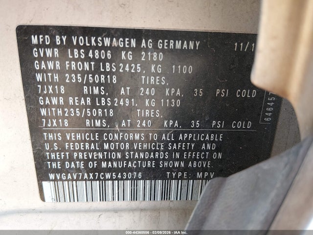 2012 VOLKSWAGEN TIGUAN WVGAV7AX7CW543076 Photo 8