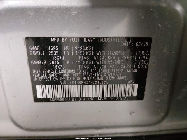 Aukcja sprzedaży 2015 Subaru Outback 2.5i Limited, vin: 4S4BSBNC7F3316628, numer aukcji: 44360561