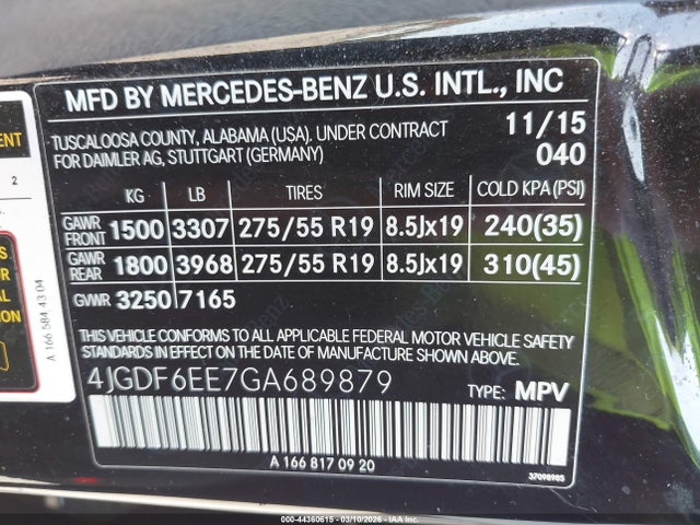 44360615 :رقم المزاد ، 4JGDF6EE7GA689879 vin ، 2016 Mercedes-benz Gl 450 4matic مزاد بيع