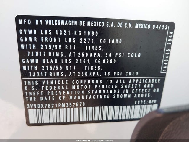 3VVDX7B21PM352579 Volkswagen Taos 1.5t S