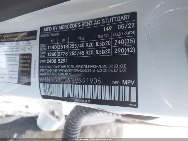 44360667 :رقم المزاد ، W1N0G8EB6NV391906 vin ، 2022 Mercedes-benz Glc 300 4matic Suv مزاد بيع