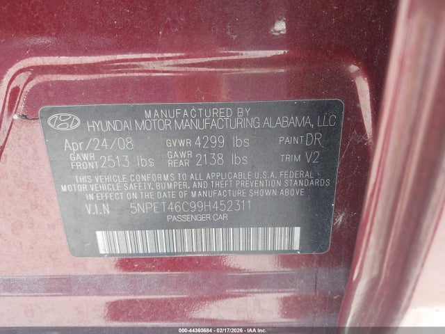 Продаж на аукціоні авто 2009 Hyundai Sonata Gls, vin: 5NPET46C99H452311, номер лоту: 44360684