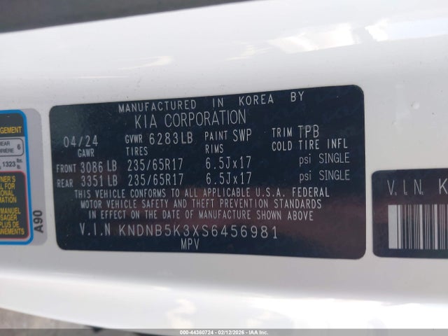 2025 Kia Carnival Mpv Lxs მანქანა იყიდება აუქციონზე, vin: KNDNB5K3XS6456981, აუქციონის ნომერი: 44360724