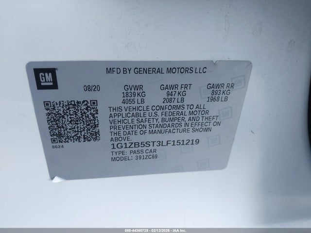 44360729 :رقم المزاد ، 1G1ZB5ST3LF151219 vin ، 2020 Chevrolet Malibu Fwd Ls مزاد بيع