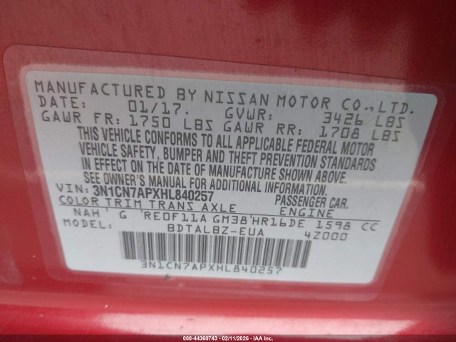 3N1CN7APXHL840257 Nissan Versa 1.6 Sv