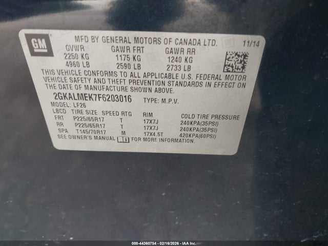44360754 :رقم المزاد ، 2GKALMEK7F6203016 vin ، 2015 Gmc Terrain Sle-1 مزاد بيع