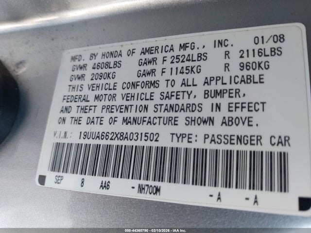 44360790 :رقم المزاد ، 19UUA662X8A031502 vin ، 2008 Acura Tl 3.2 مزاد بيع