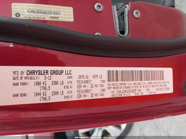 2012 Jeep Compass Latitude მანქანა იყიდება აუქციონზე, vin: 1C4NJDEB4CD616527, აუქციონის ნომერი: 44360792
