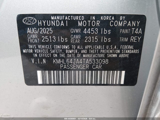 2026 Hyundai Sonata Sel Sport მანქანა იყიდება აუქციონზე, vin: KMHL64JA4TA533098, აუქციონის ნომერი: 44360801