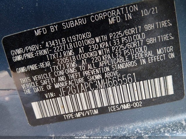 Aukcja sprzedaży 2021 Subaru Crosstrek Premium, vin: JF2GTAPC3MH665561, numer aukcji: 44360834