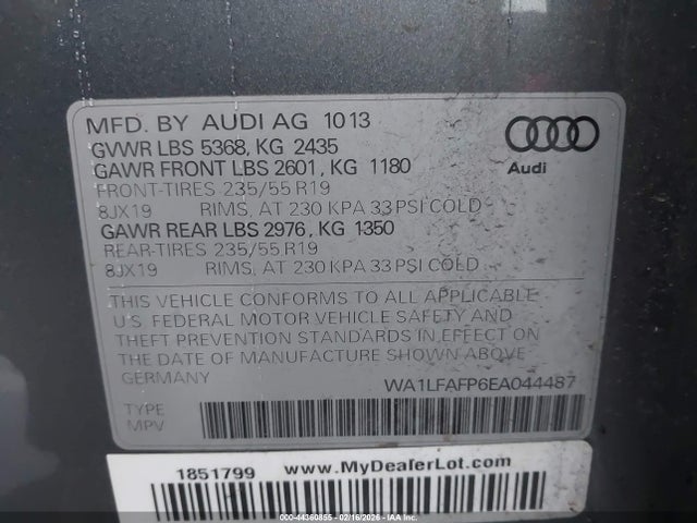 44360855 :رقم المزاد ، WA1LFAFP6EA044487 vin ، 2014 Audi Q5 2.0t Premium مزاد بيع
