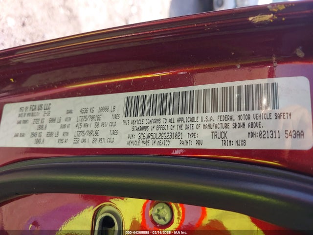 44360895 :رقم المزاد ، 3C6UR5DL2GG231021 vin ، 2016 Ram 2500 Lone Star مزاد بيع