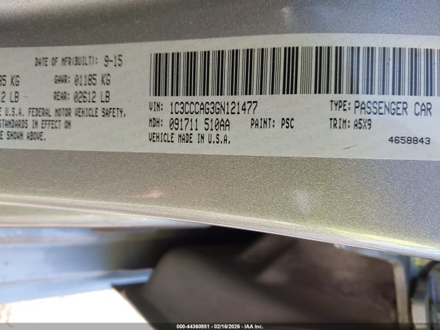 44360951 :رقم المزاد ، 1C3CCCAG3GN121477 vin ، 2016 Chrysler 200 Limited مزاد بيع