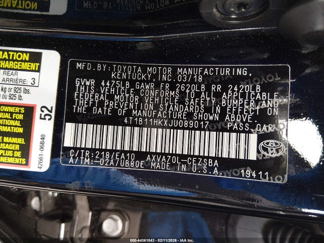 4T1B11HKXJU089017 Toyota CAMRY SE