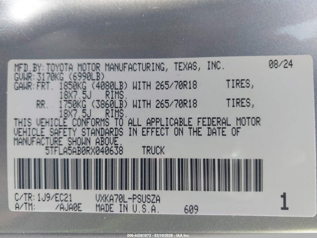 Toyota Tundra Sr5 2024 5TFLA5AB0RX040638 Image 9