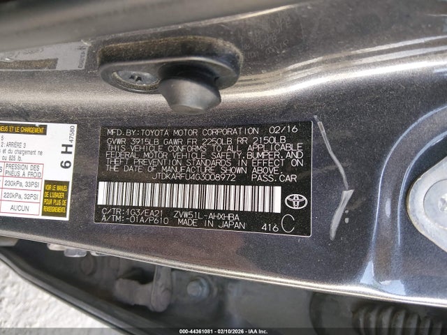Продажа на аукционе авто 2016 Toyota Prius Four Touring, vin: JTDKARFU4G3008972, номер лота: 44361081