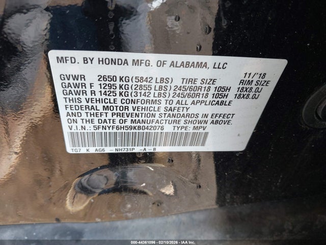 5FNYF6H59KB042076 Honda Pilot Ex-l
