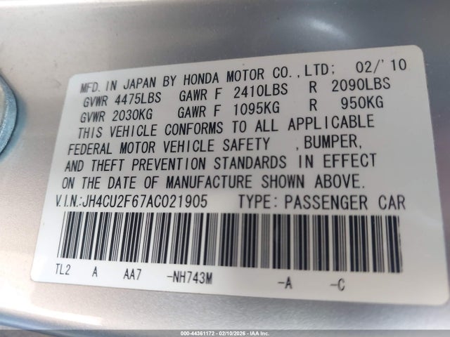 44361172 :رقم المزاد ، JH4CU2F67AC021905 vin ، 2010 Acura Tsx 2.4 مزاد بيع
