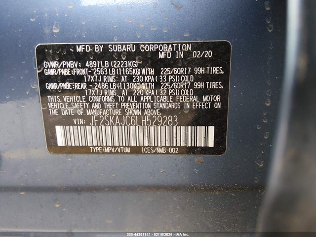 2020 Subaru Forester Premium მანქანა იყიდება აუქციონზე, vin: JF2SKAJC6LH529283, აუქციონის ნომერი: 44361181