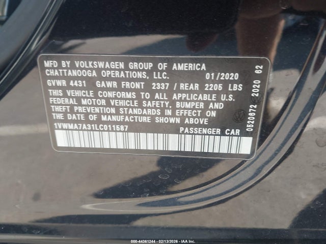 44361244 :رقم المزاد ، 1VWMA7A31LC011587 vin ، 2020 Volkswagen Passat 2.0t R-line مزاد بيع