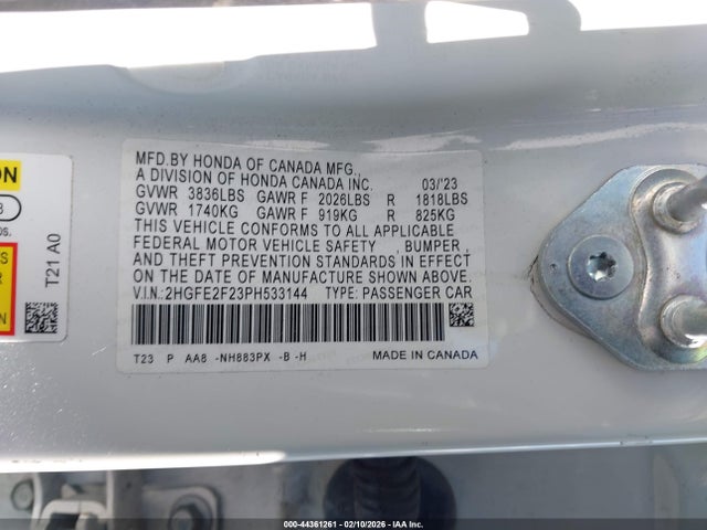44361261 :رقم المزاد ، 2HGFE2F23PH533144 vin ، 2023 Honda Civic Lx مزاد بيع