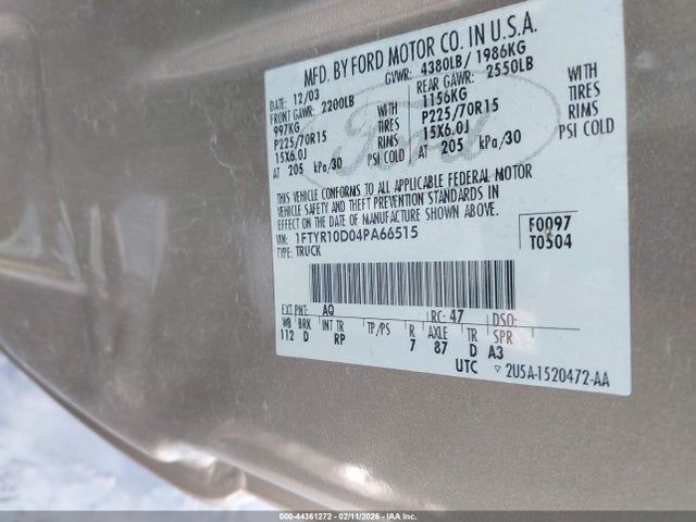 44361272 :رقم المزاد ، 1FTYR10D04PA66515 vin ، 2004 Ford Ranger Xl/xlt مزاد بيع