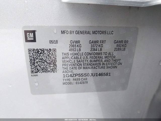 2018 Buick Lacrosse Essence მანქანა იყიდება აუქციონზე, vin: 1G4ZP5SS0JU146581, აუქციონის ნომერი: 44361319