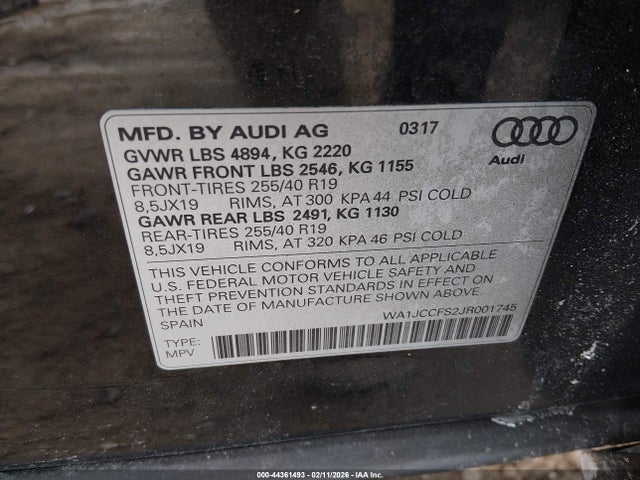 2018 Audi Q3 მანქანა იყიდება აუქციონზე, vin: WA1JCCFS2JR001745, აუქციონის ნომერი: 44361493