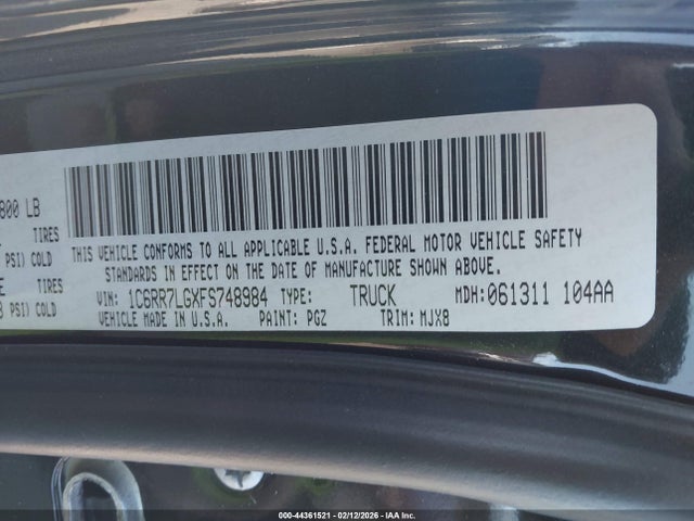 2015 Ram 1500 Outdoorsman მანქანა იყიდება აუქციონზე, vin: 1C6RR7LGXFS748984, აუქციონის ნომერი: 44361521