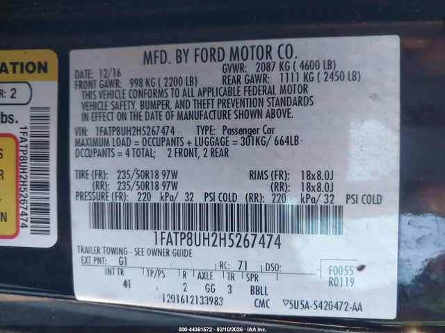 44361572 :رقم المزاد ، 1FATP8UH2H5267474 vin ، 2017 Ford Mustang Ecoboost Premium مزاد بيع