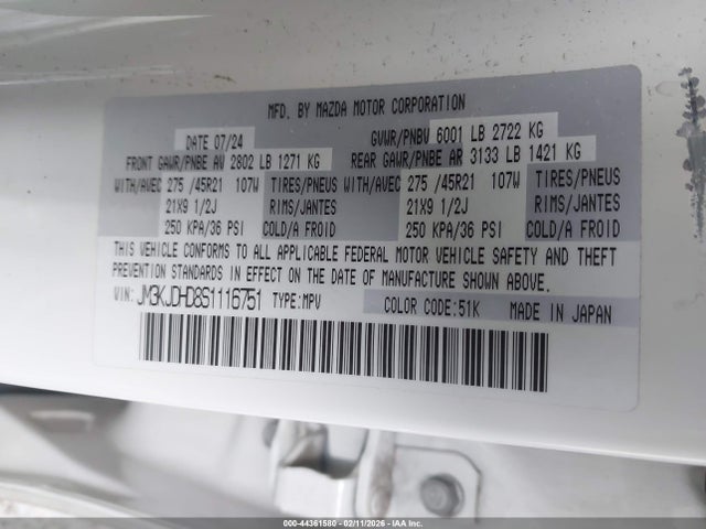 44361580 :رقم المزاد ، JM3KJDHD8S1116751 vin ، 2025 Mazda Cx-70 3.3 Turbo Premium Package مزاد بيع