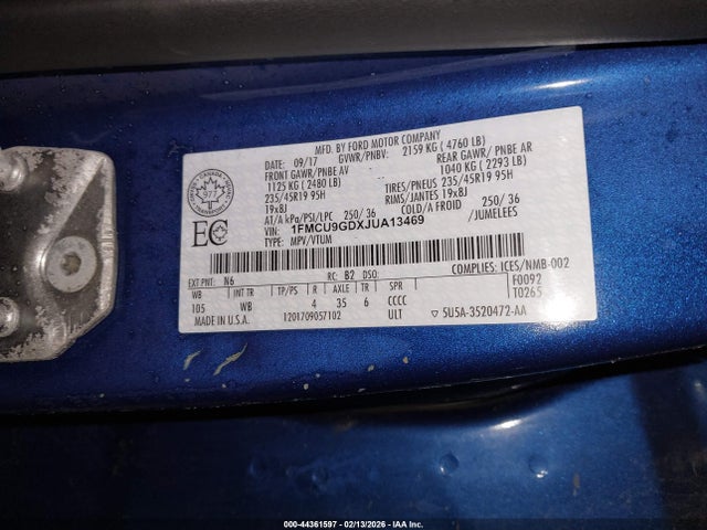 44361597 :رقم المزاد ، 1FMCU9GDXJUA13469 vin ، 2018 Ford Escape Se مزاد بيع