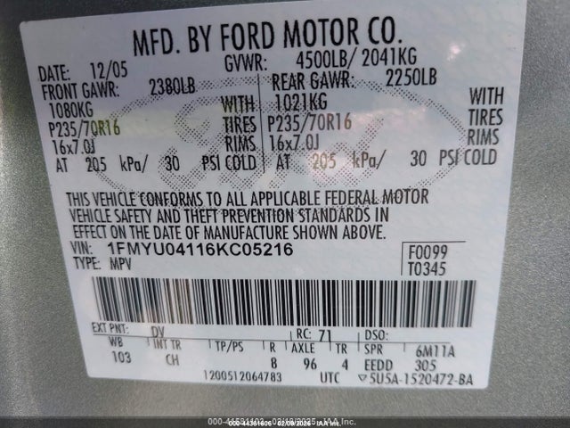 44361606 :رقم المزاد ، 1FMYU04116KC05216 vin ، 2006 Ford Escape Limited مزاد بيع